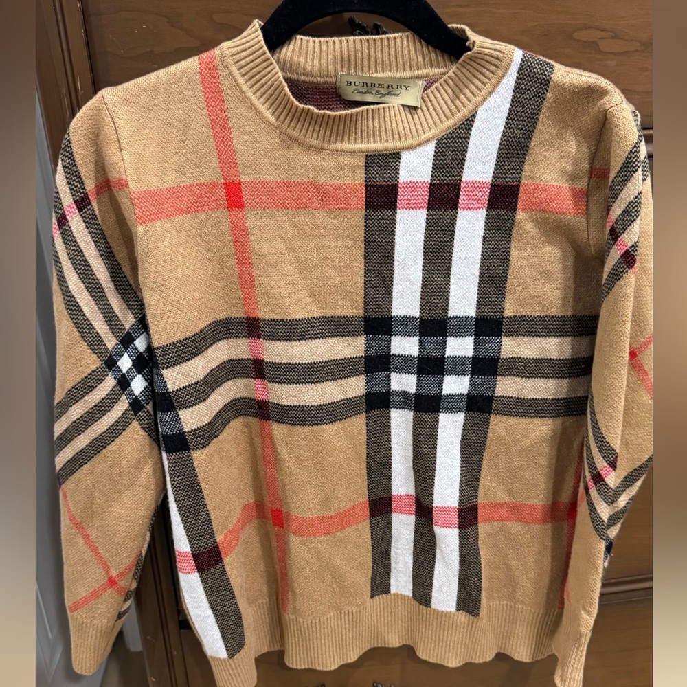 Burberry Tan and Red Crew Neck Sweater